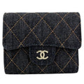 Chanel Bifold Wallet Quilted Small Mini CC Logo Denim Navy Gold