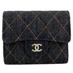 Chanel Bifold Wallet Quilted Small Mini CC Logo Denim Navy Gold