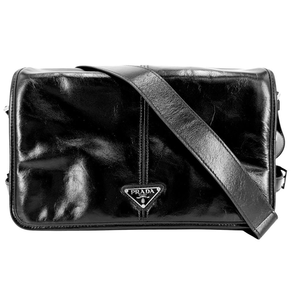 Prada Shoulder Bag Triangle Logo Soft Looks Leather Crossbody Black Silver