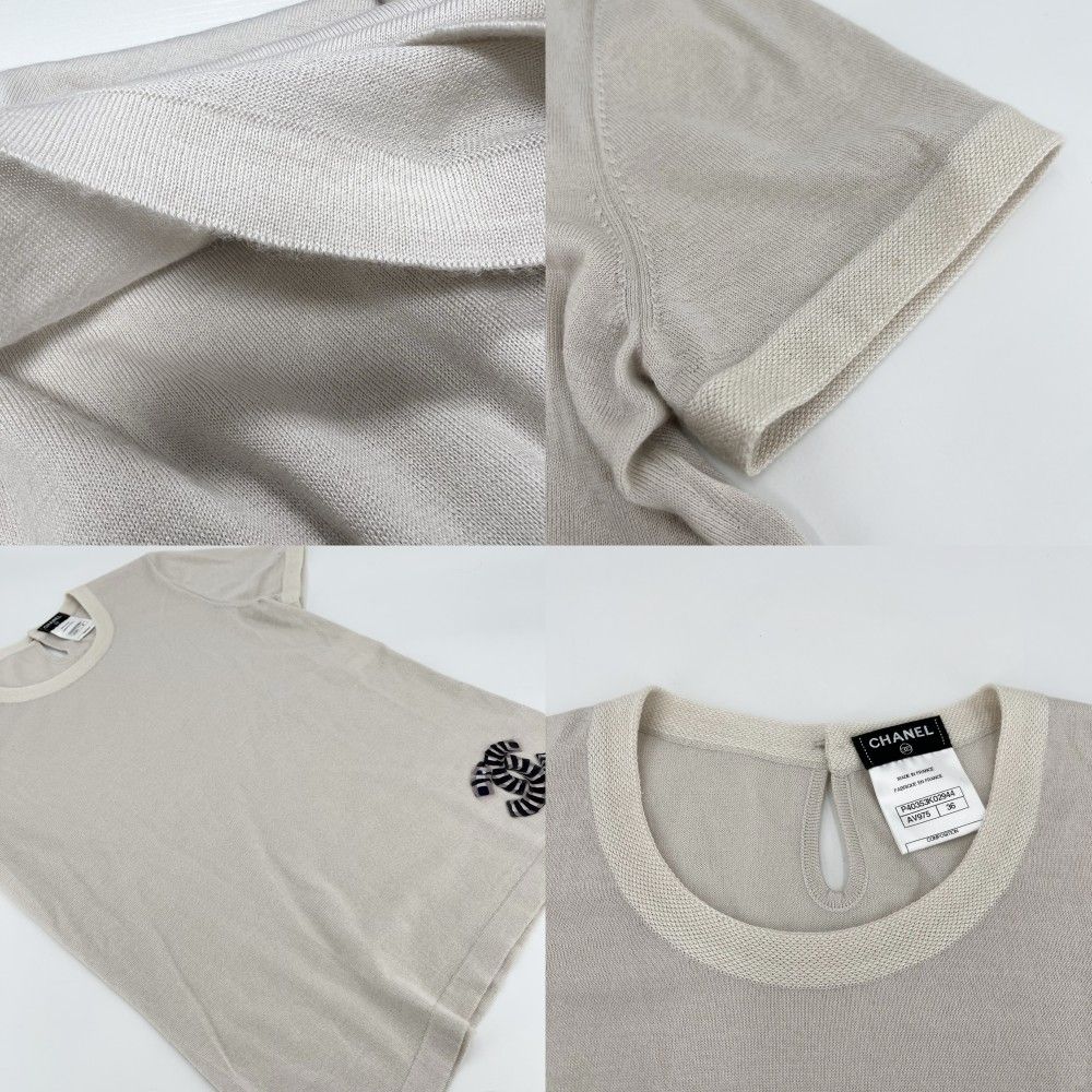 Chanel Top CC Logo Short Sleeve Knit 36 Beige Cashmere Silk Summer Sweater — view 5