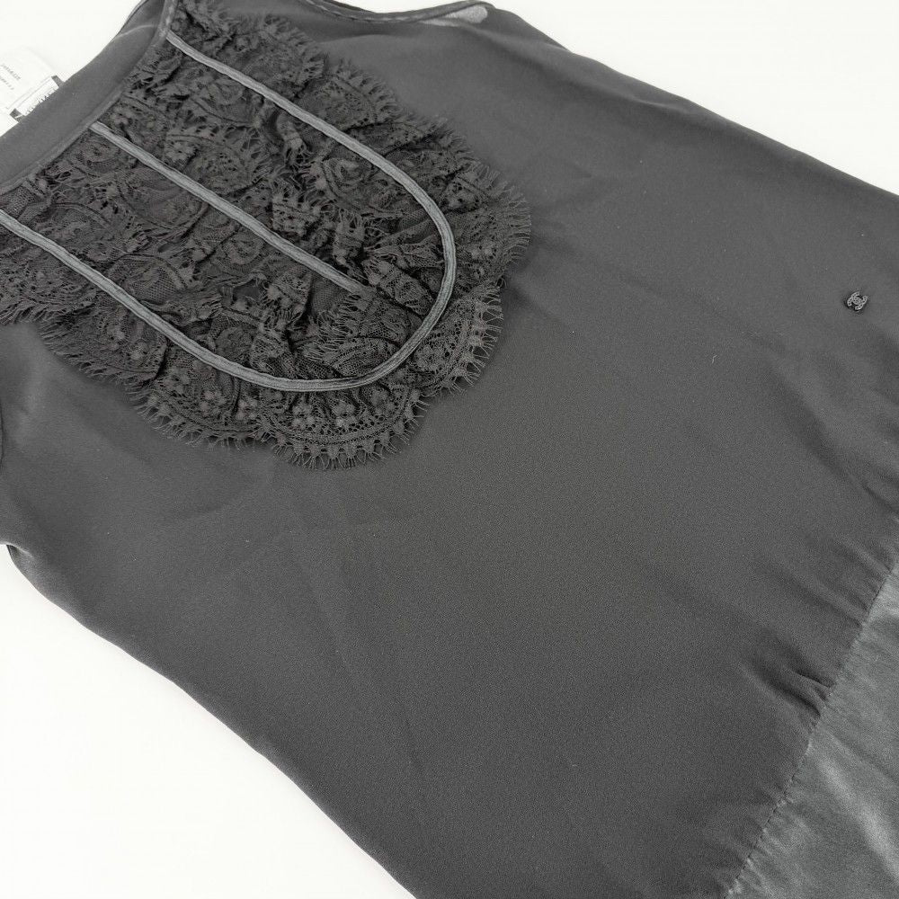 Chanel Tank Top Sleeveless Top CC Logo Lace 38 Black Silk Summer — view 4