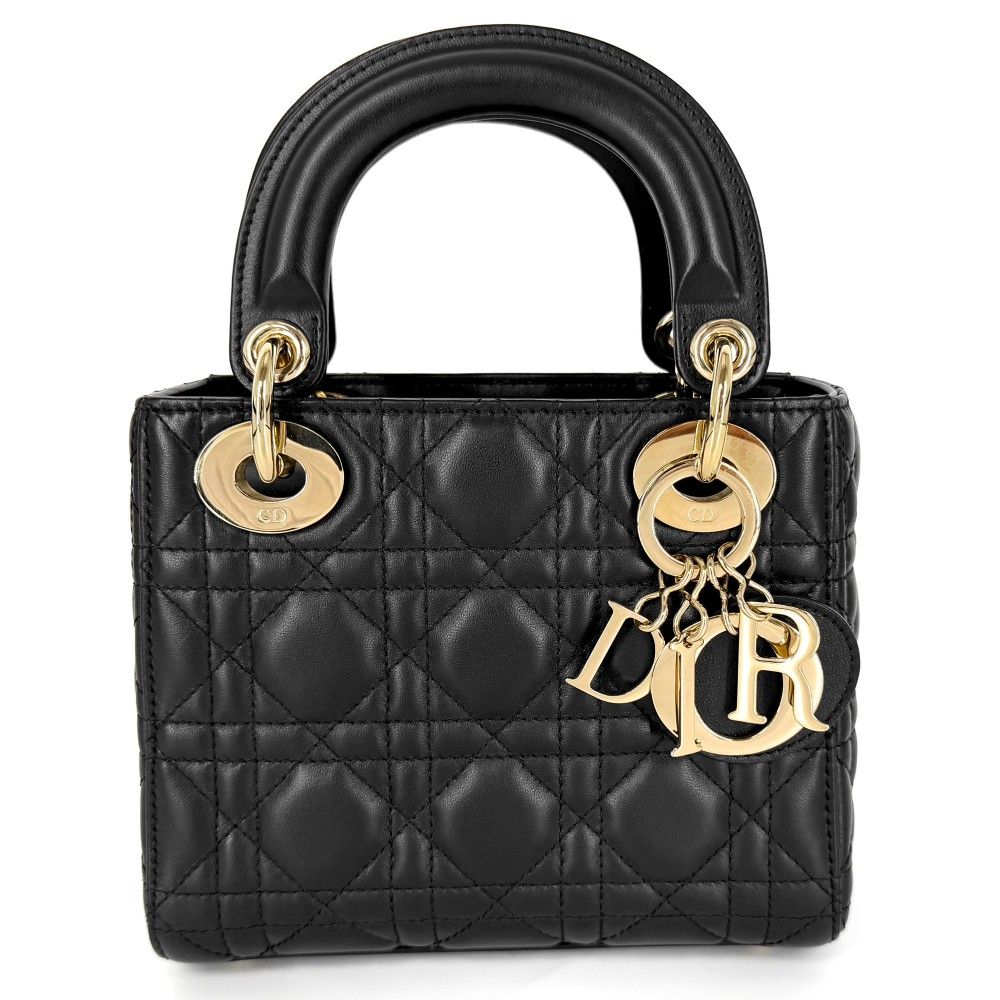 Dior Handbag Cannage Lady Mini Small Lambskin Black Gold