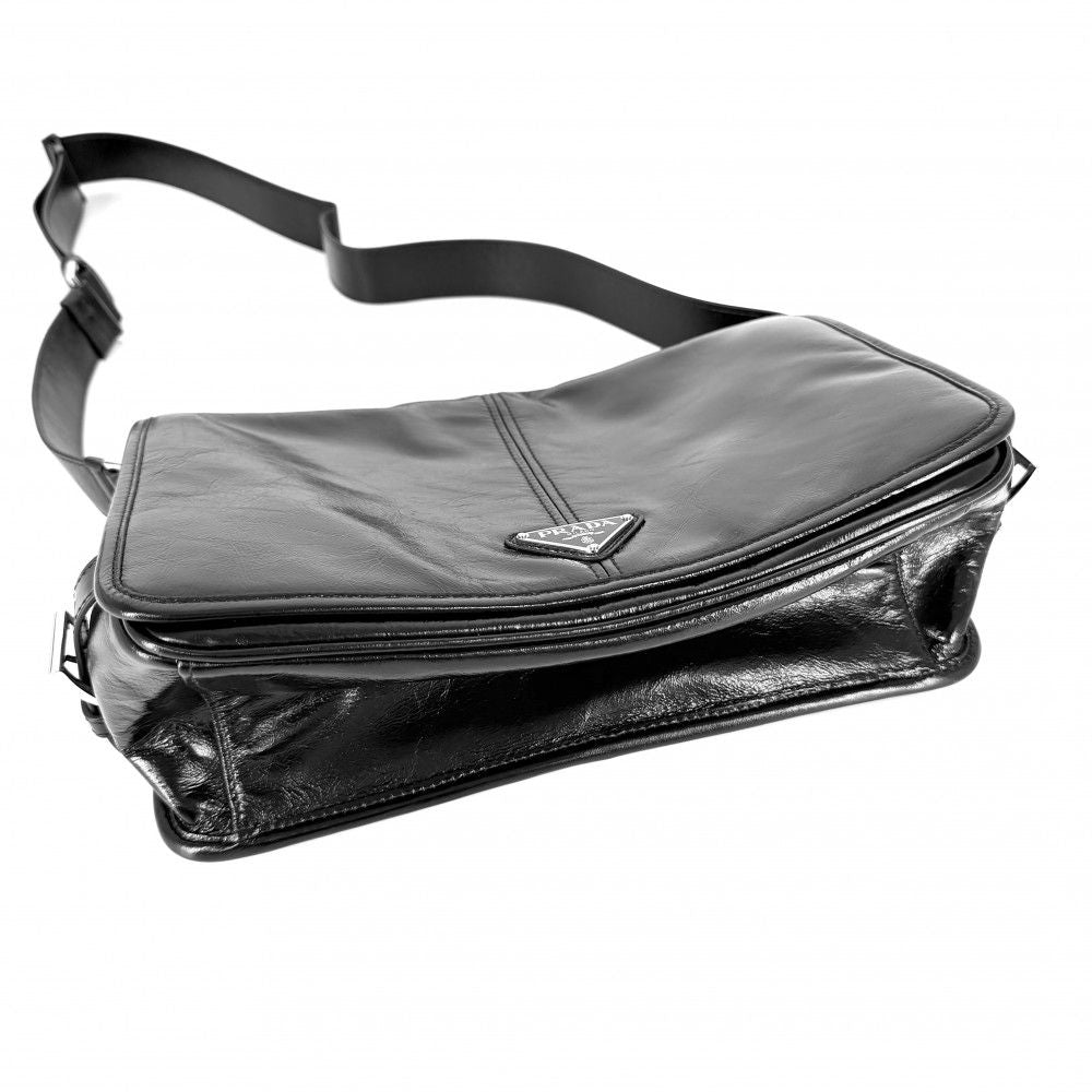 Prada Shoulder Bag Triangle Logo Soft Looks Leather Crossbody Black Silver — view 3