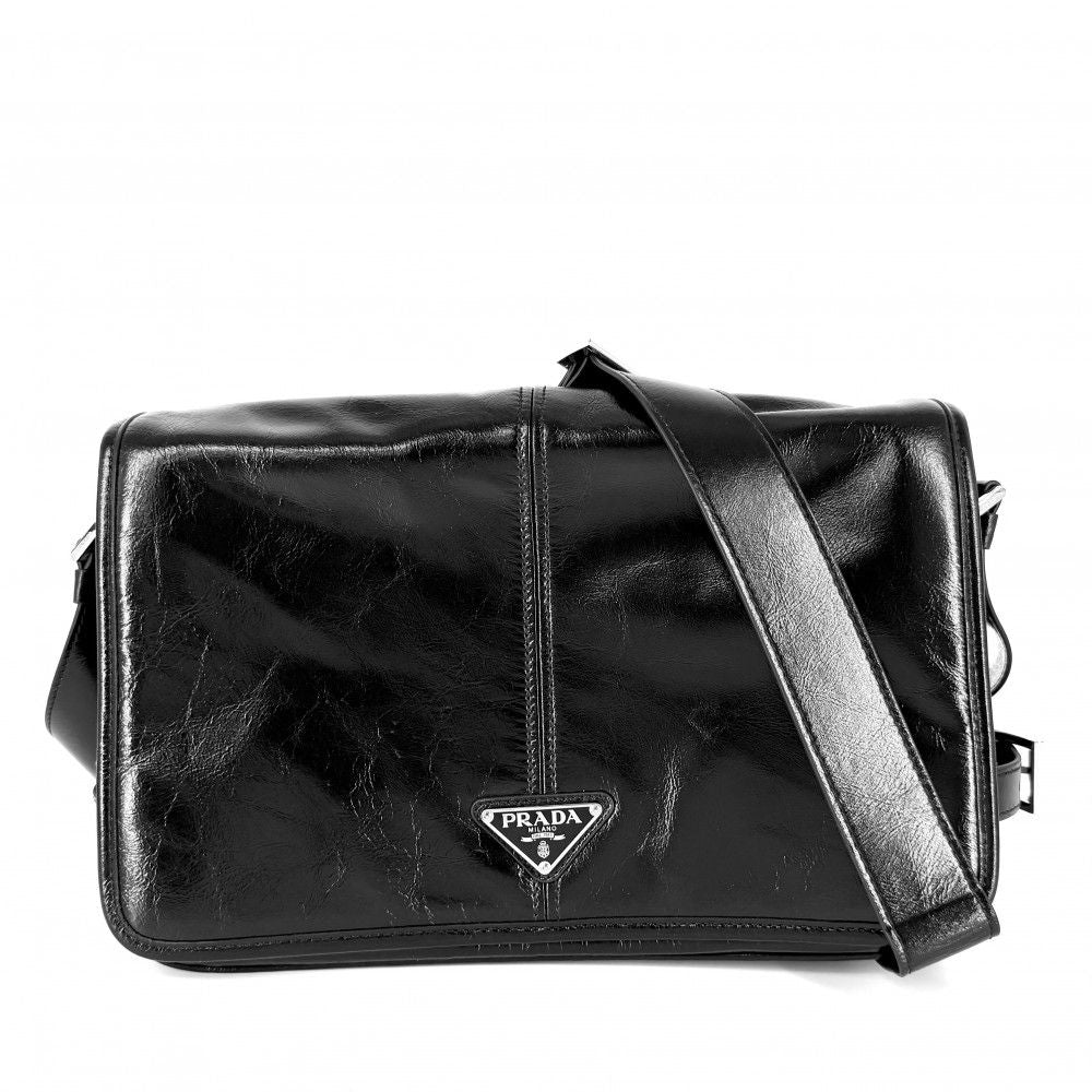 Prada Shoulder Bag Triangle Logo Soft Looks Leather Crossbody Black Silver