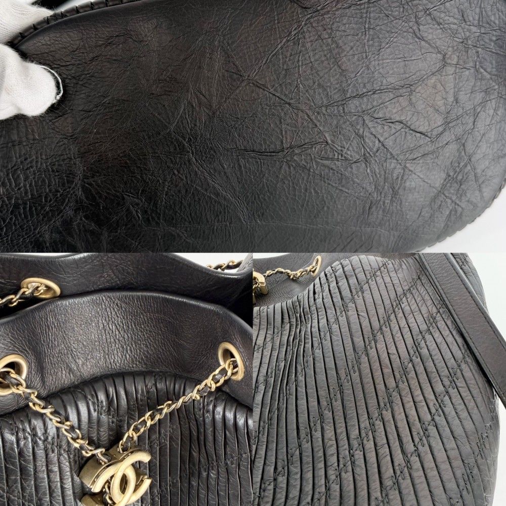 Chanel Shoulder Bag CC Logo Stitch Drawstring Crossbody Lambskin Black Gold — view 6