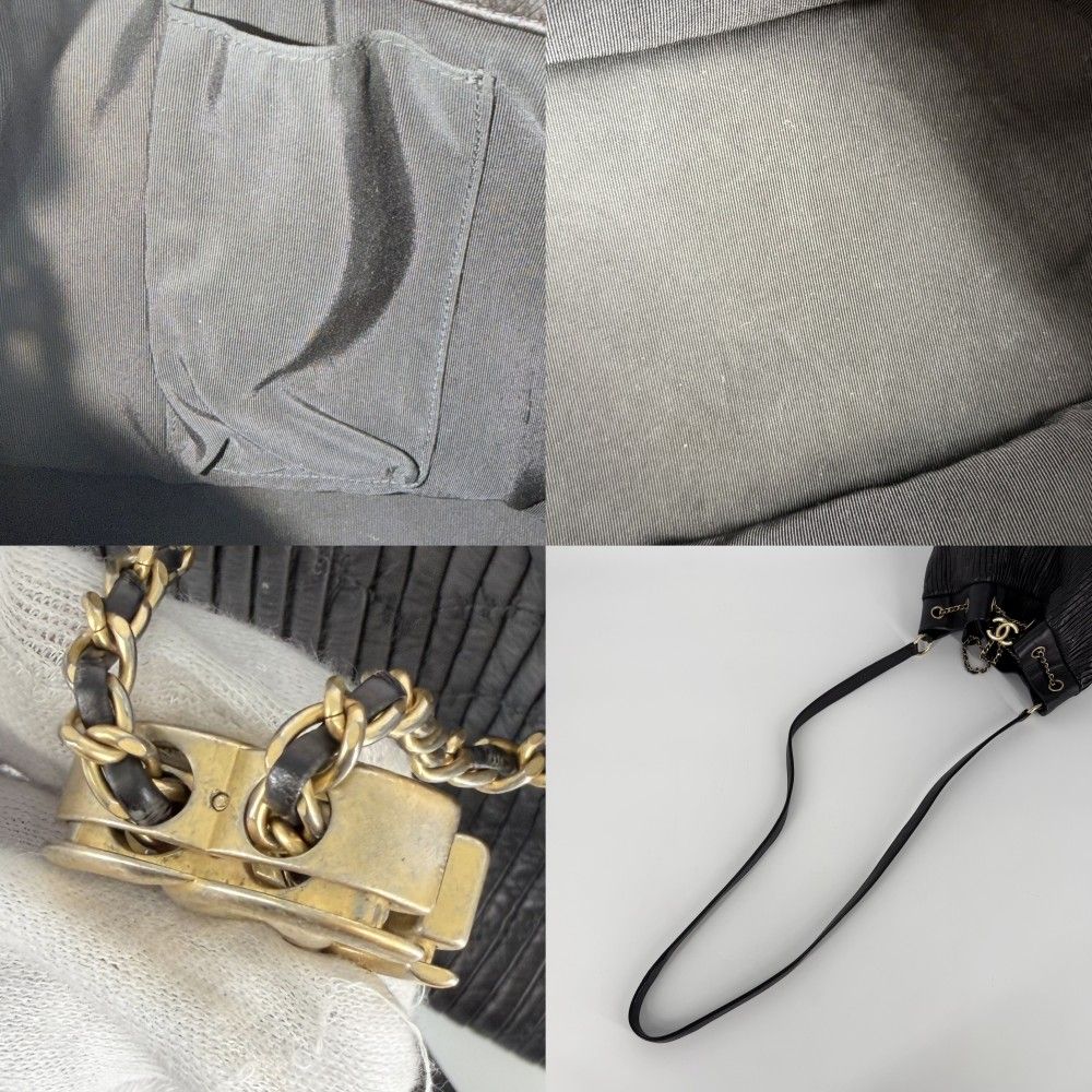Chanel Shoulder Bag CC Logo Stitch Drawstring Crossbody Lambskin Black Gold — view 7