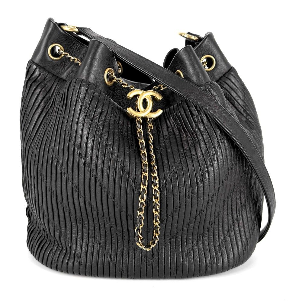 Chanel Shoulder Bag CC Logo Stitch Drawstring Crossbody Lambskin Black Gold