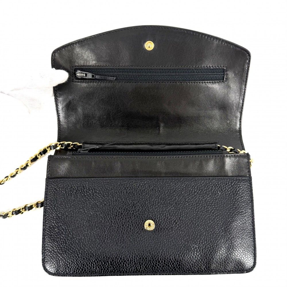 Chanel Chain Wallet CC Logo Shoulder Bag Crossbody Caviar Leather Black Gold — view 4