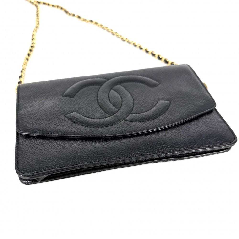 Chanel Chain Wallet CC Logo Shoulder Bag Crossbody Caviar Leather Black Gold — view 3