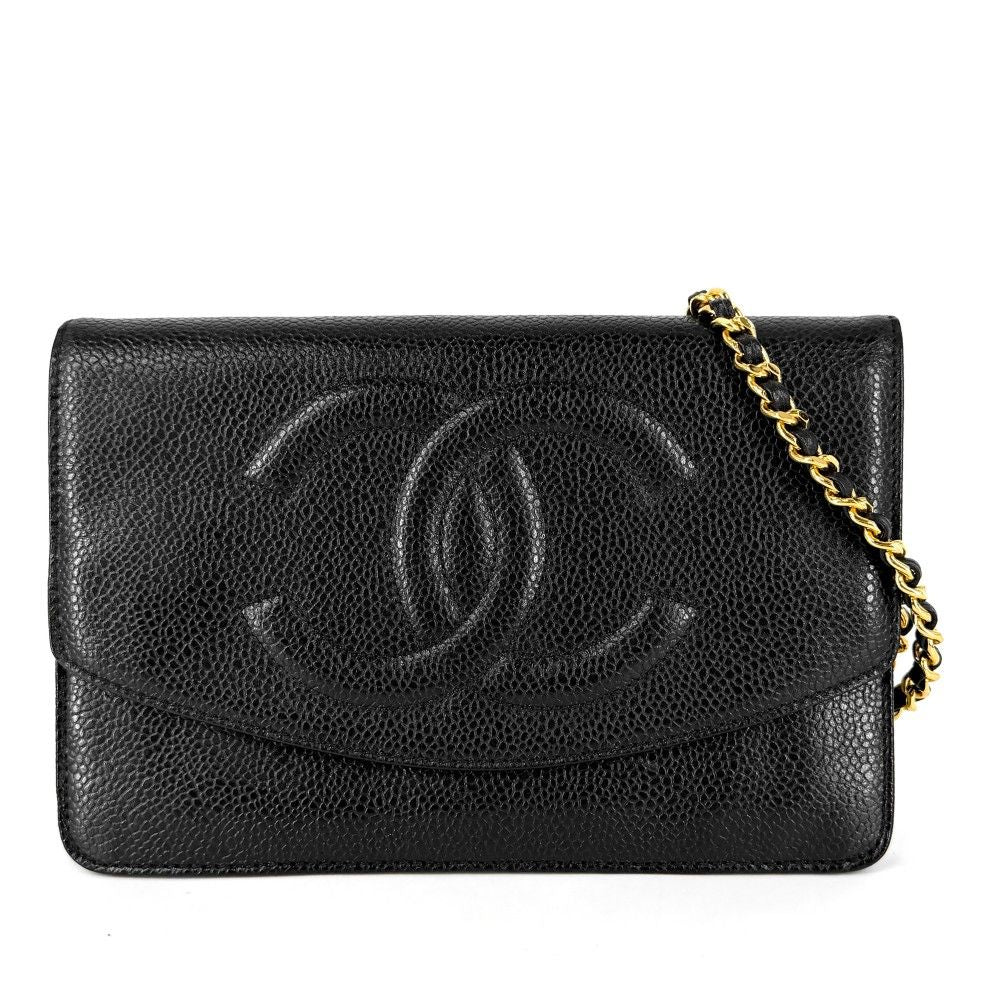 Chanel Chain Wallet CC Logo Shoulder Bag Crossbody Caviar Leather Black Gold