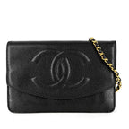 Chanel Chain Wallet CC Logo Shoulder Bag Crossbody Caviar Leather Black Gold