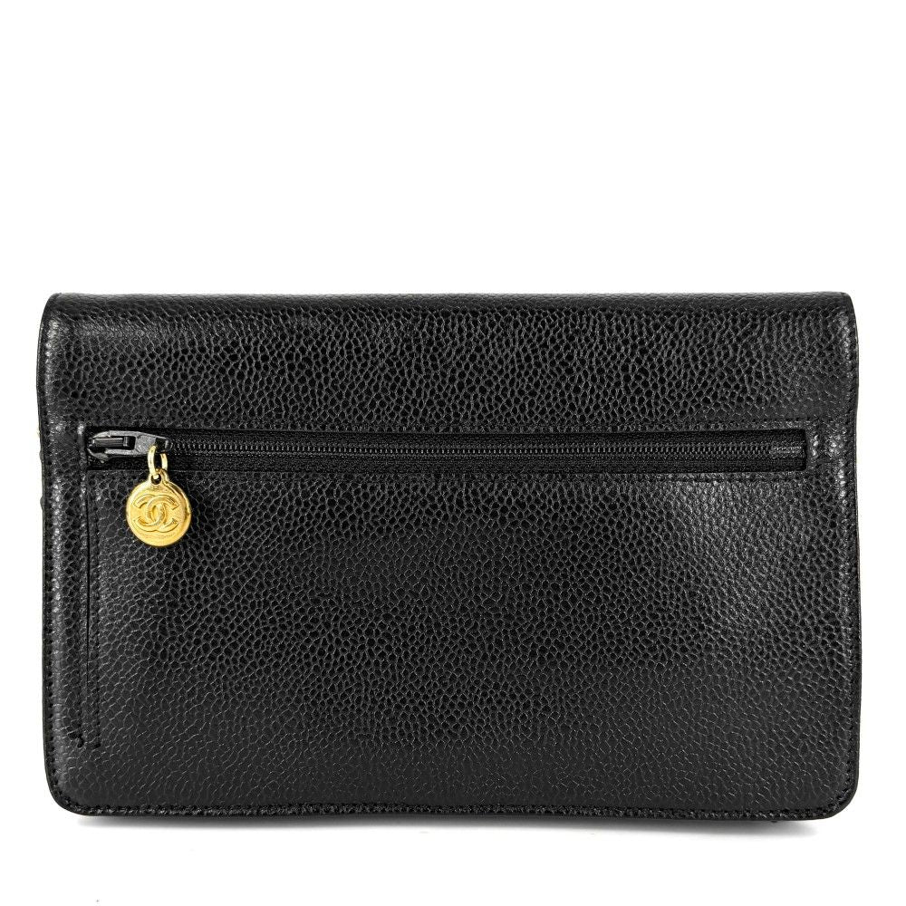 Chanel Chain Wallet CC Logo Shoulder Bag Crossbody Caviar Leather Black Gold — view 2