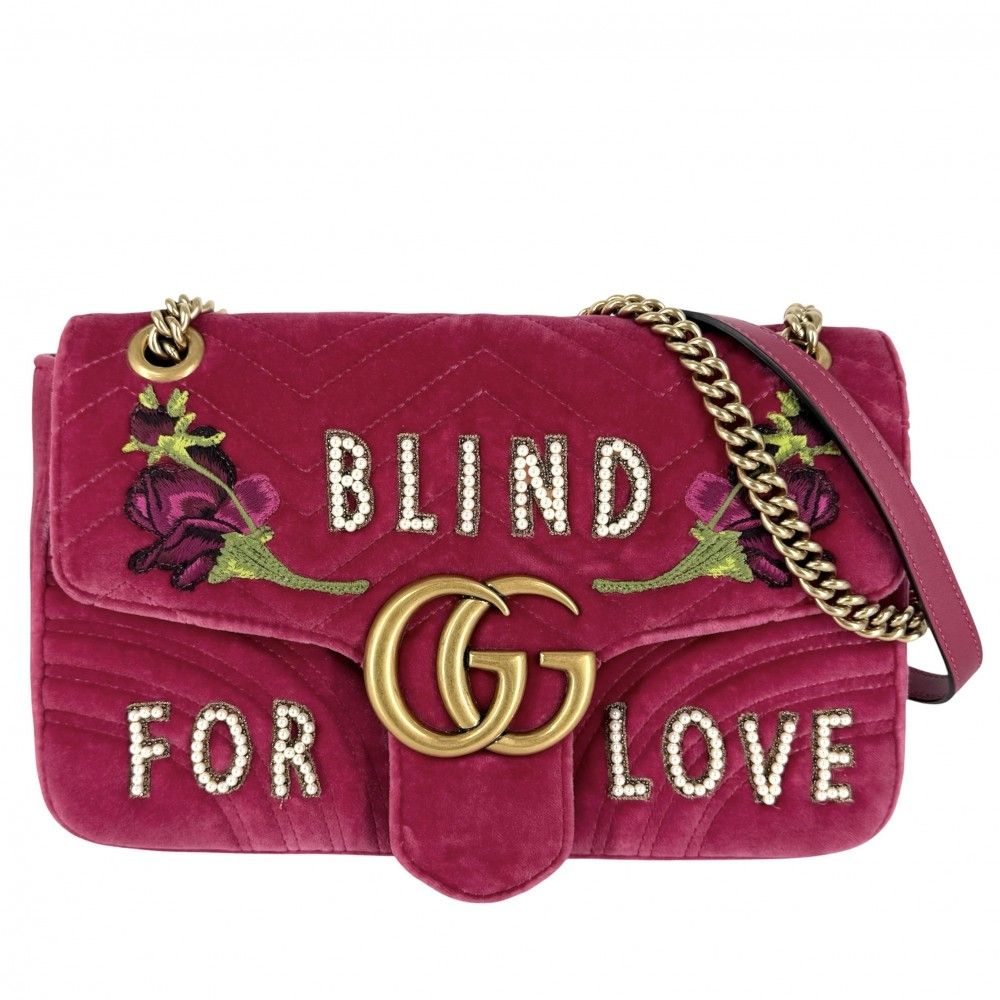 Gucci Shoulder Bag GG Marmont Quilted Chain Crossbody Embroidery Velour Leather