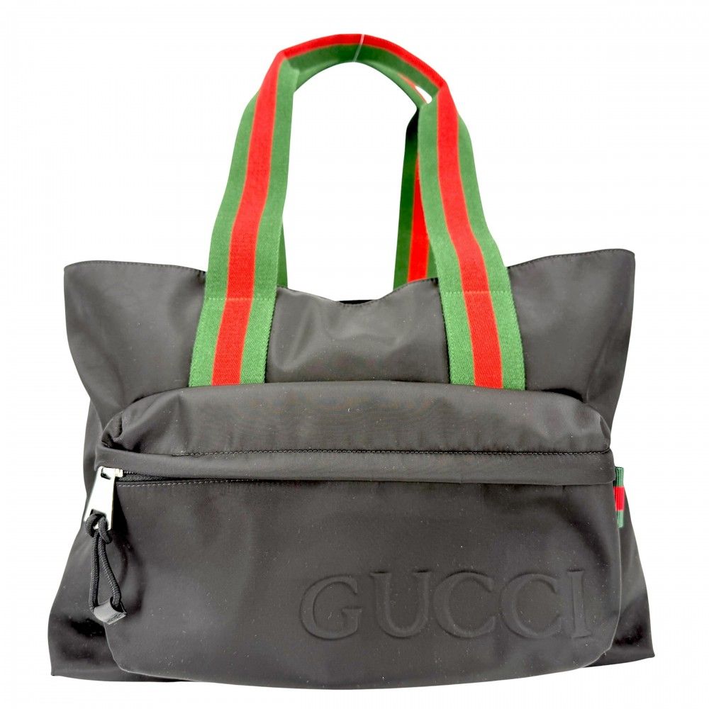 Gucci Tote Sherry Line Handbag Nylon Black Silver