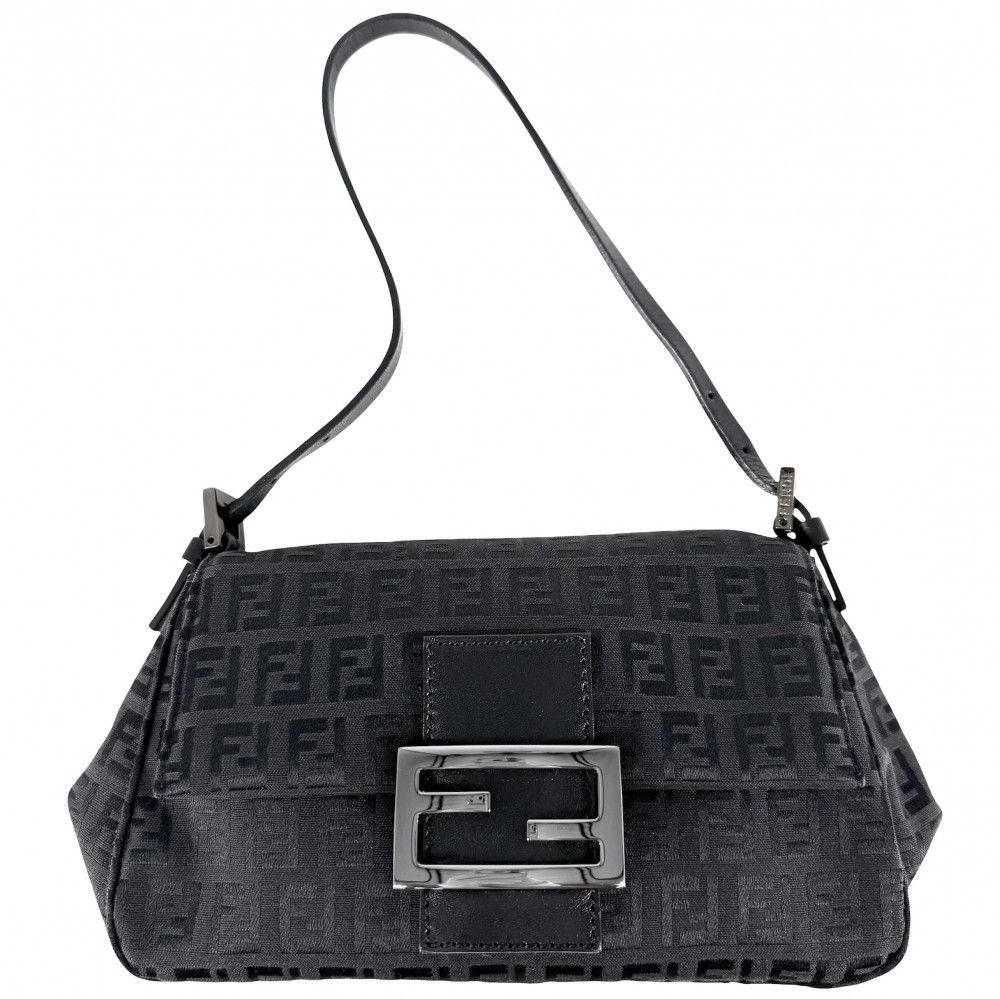 Fendi Handbag Zucchino Mini Mamma Bucket One Canvas Leather Black Gunmetal
