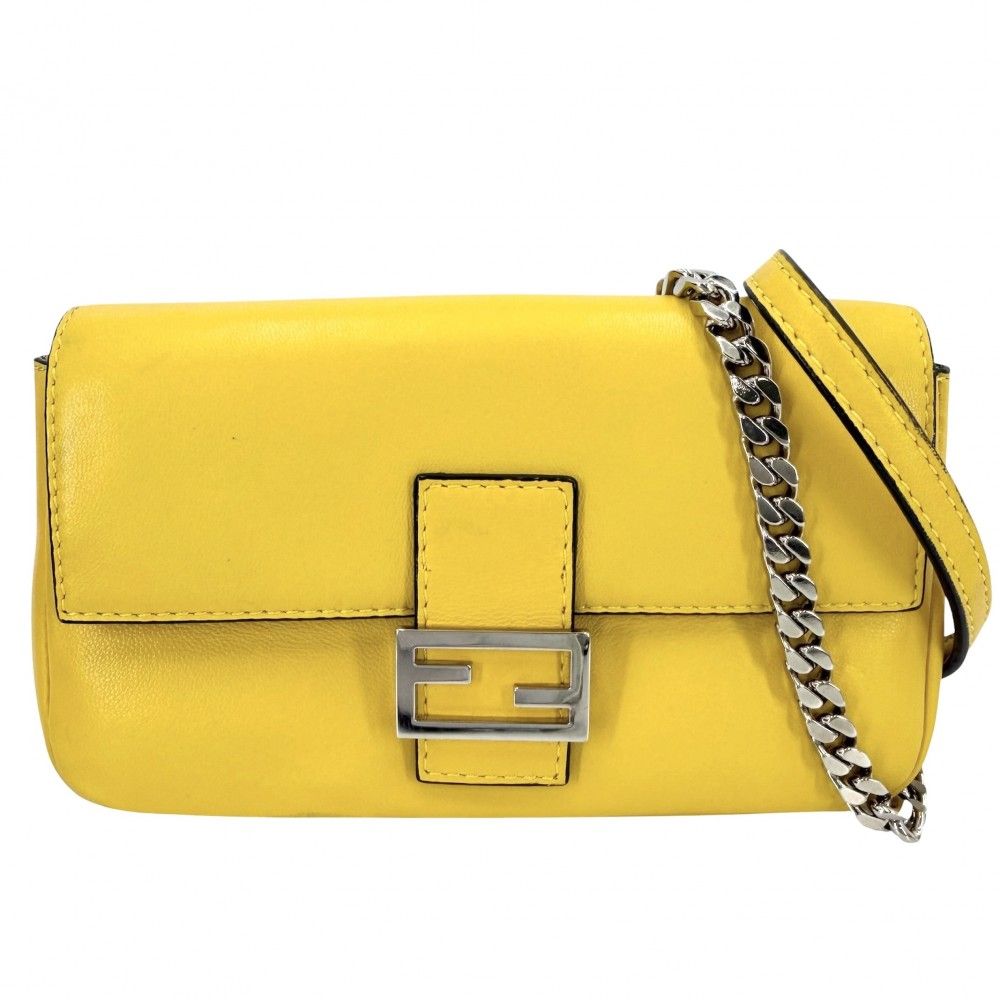 Fendi 2-Way Micro Mini Shoulder Bag Crossbody Mamma Bucket Leather Yellow Silver
