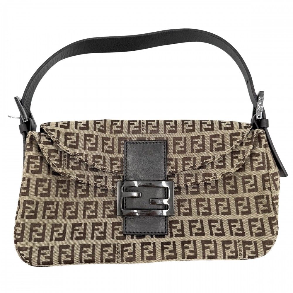 Fendi Handbag Zucchino Mini Mamma Bucket Canvas Leather Brown Beige Gunmetal