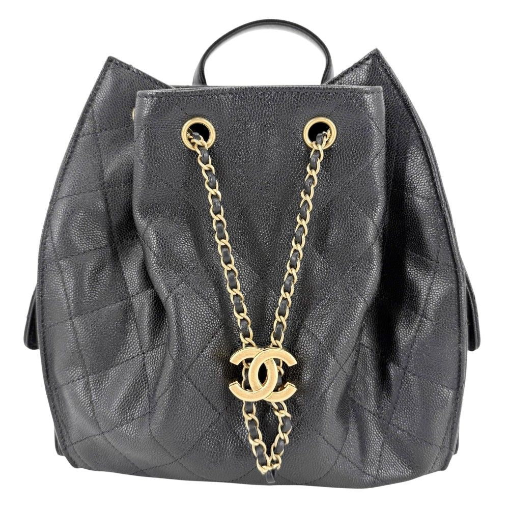 Chanel Backpack Quilted Chain Shoulder CC Logo 25 Caviar Leather Black Gold