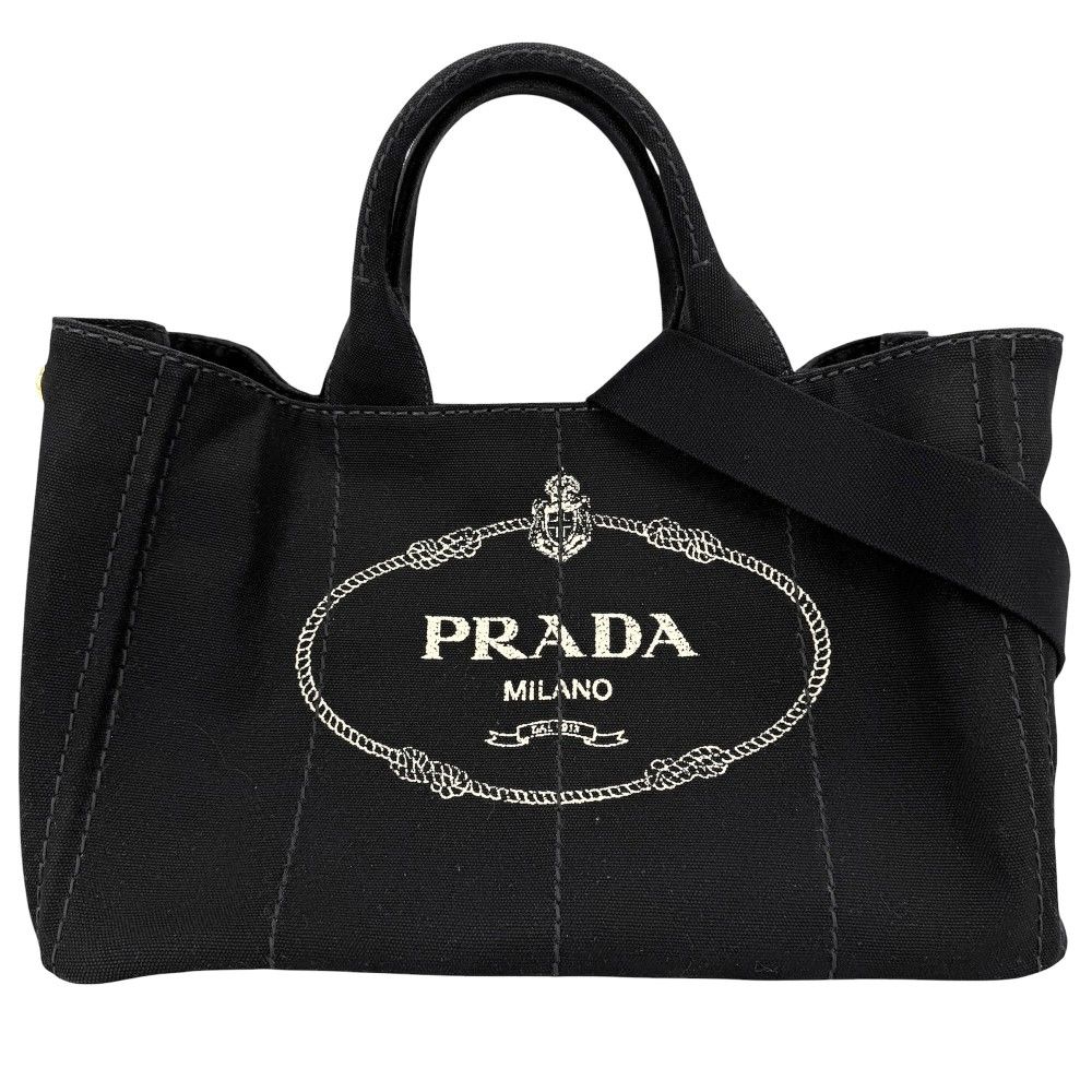 Prada 2-Way Tote Shoulder Bag Canapa Triangle Logo Canvas Black Gold