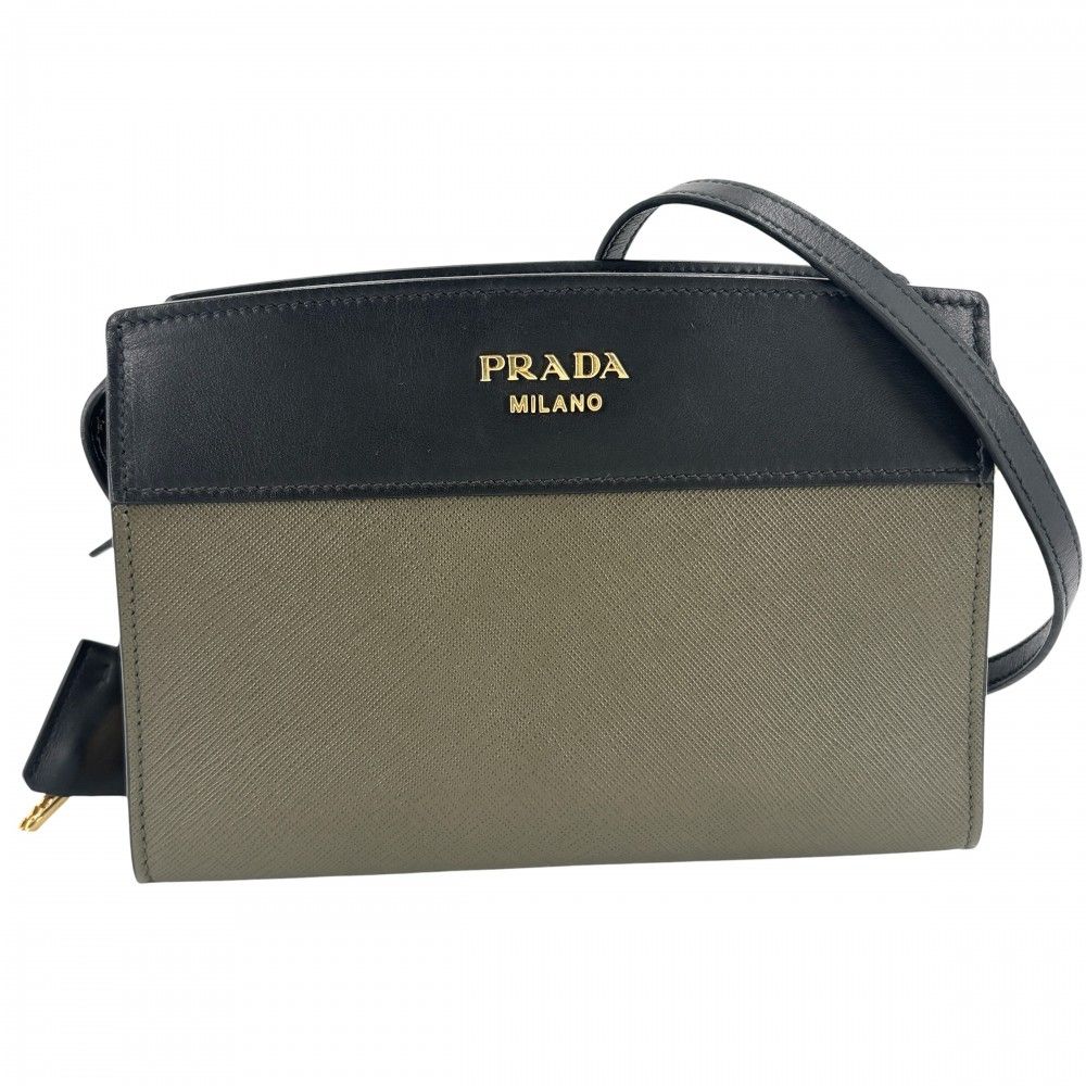 Prada Shoulder Bag Esplanade Bicolor Leather Khaki Black Gold