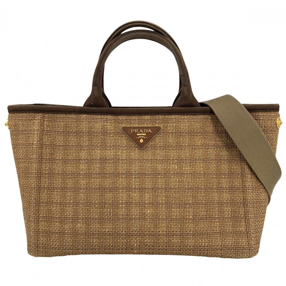 Prada 2-Way Shoulder Bag Triangle Logo Basket Canvas Straw Brown