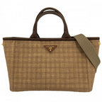 Prada 2-Way Shoulder Bag Triangle Logo Basket Canvas Straw Brown