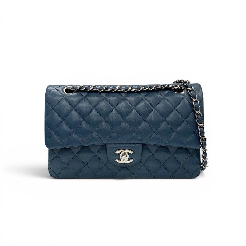 Chanel Shoulder Bag Lambskin Blue Silver CC Logo Quilted 25 Turnlock Double