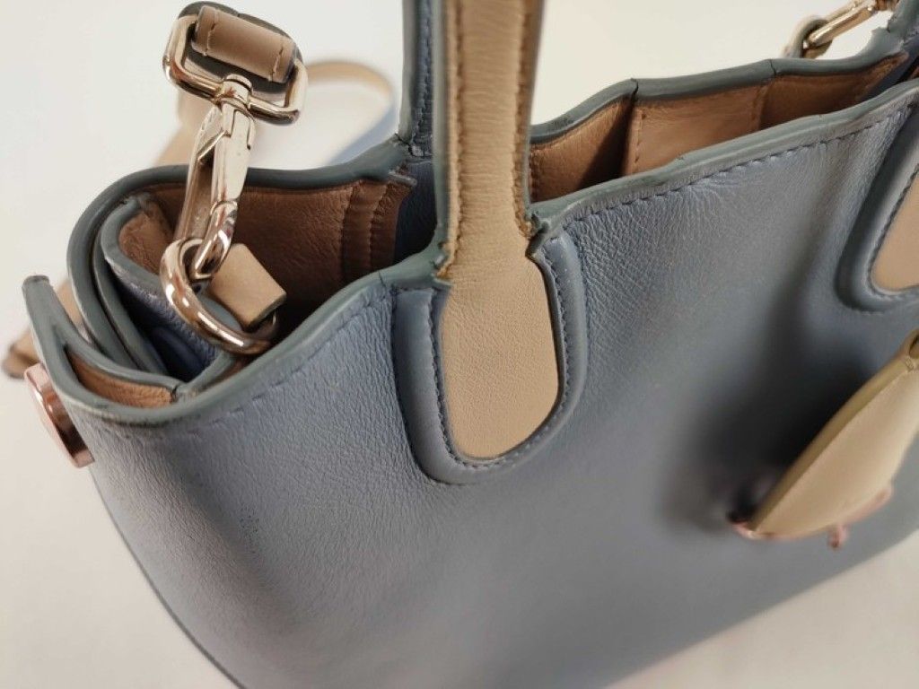 Dior Addict Blue Beige Leather 2-Way Shoulder Bag Logo Charm Gold — view 7