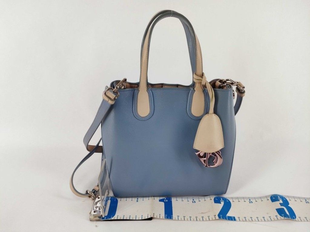 Dior Addict Blue Beige Leather 2-Way Shoulder Bag Logo Charm Gold — view 2