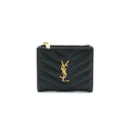 Saint Laurent Wallet Bifold Mini Black Gold Zip Stitch YSL Logo Quilted