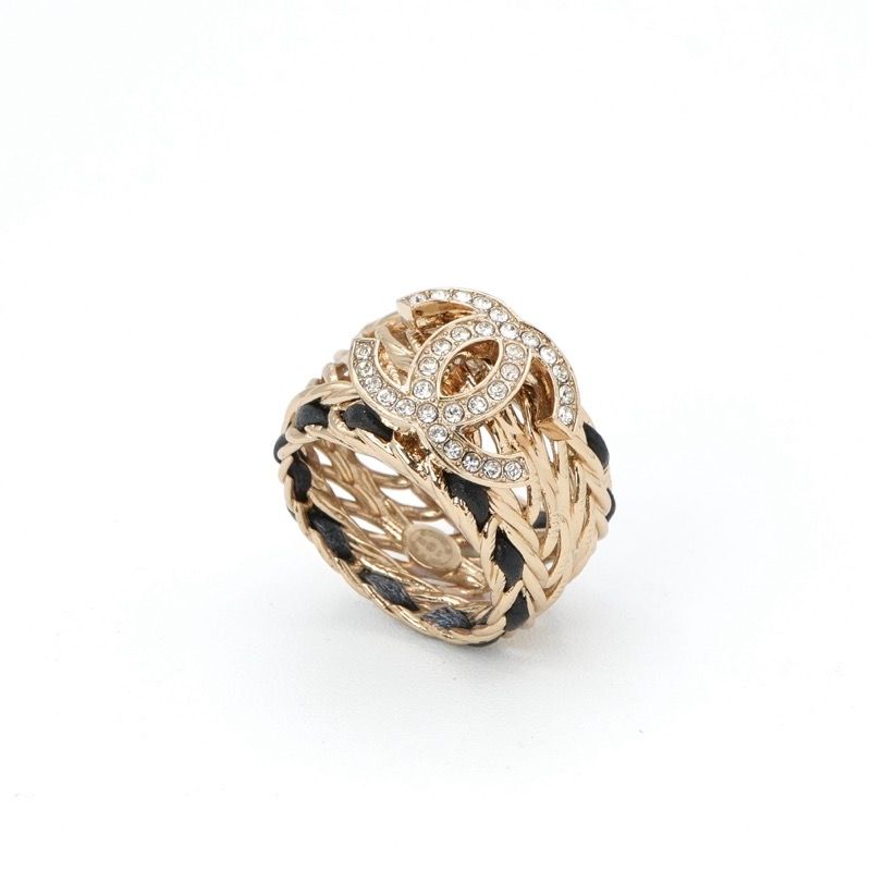 Chanel Ring Gold CC Logo Rhinestone Leather