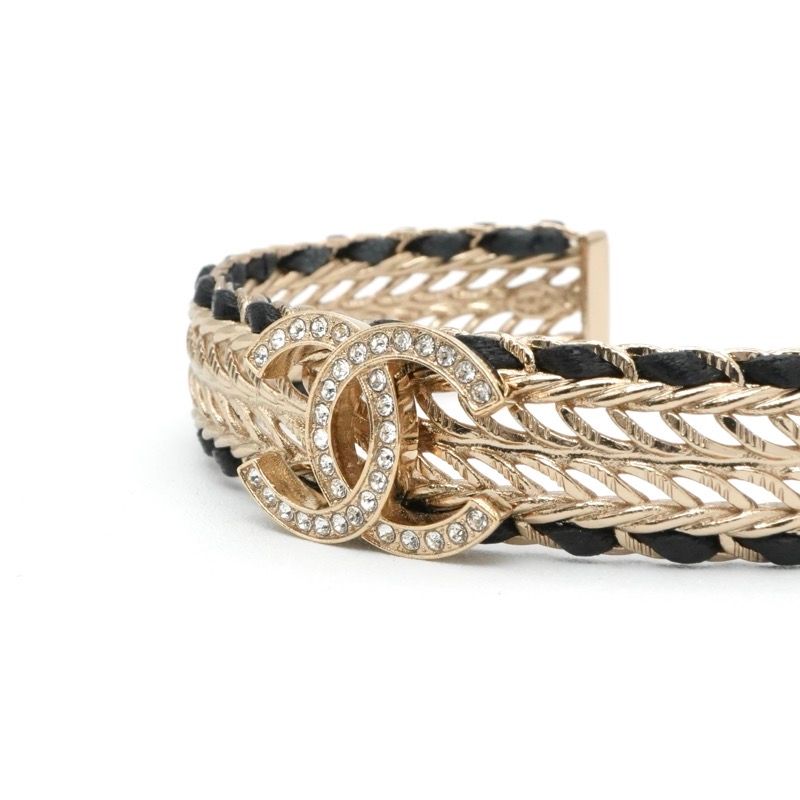 Chanel Bracelet Bangle Calf Gold CC Logo Rhinestone Leather — view 5