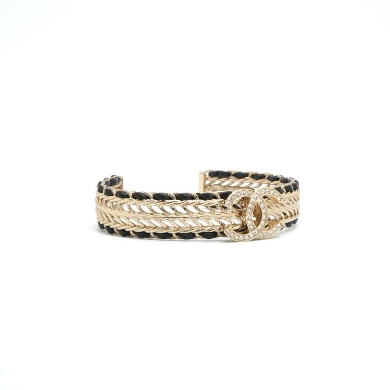 Chanel Bracelet Bangle Calf Gold CC Logo Rhinestone Leather
