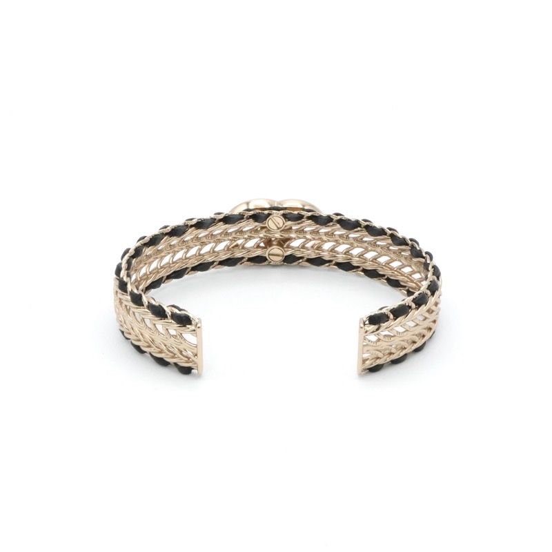 Chanel Bracelet Bangle Calf Gold CC Logo Rhinestone Leather — view 4