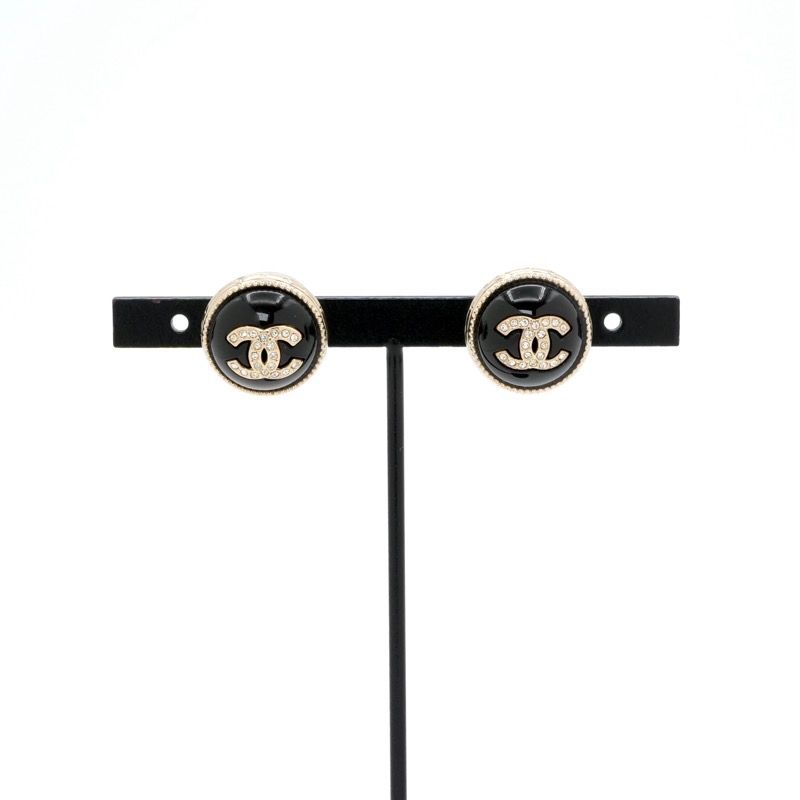 Chanel Earrings Gold Black CC Logo Circle Rhinestone — view 6