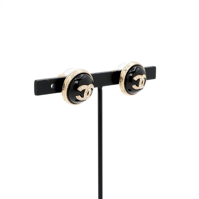 Chanel Earrings Gold Black CC Logo Circle Rhinestone — view 7