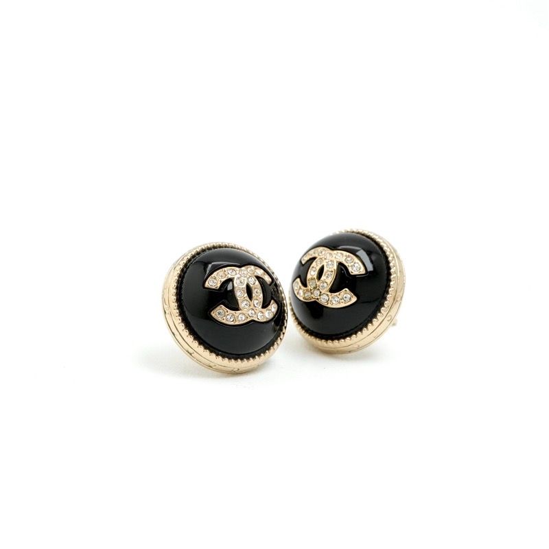 Chanel Earrings Gold Black CC Logo Circle Rhinestone