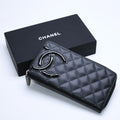 Chanel Cambon Line Round Zip Wallet Calfskin Black Silver