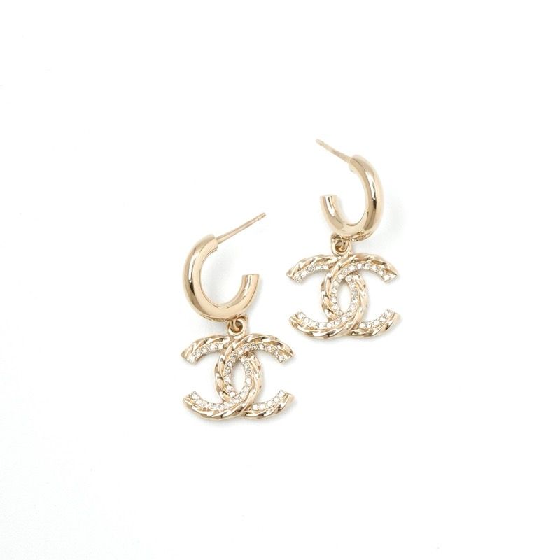 Chanel Earrings Gold CC Logo Hoop Rhinestone