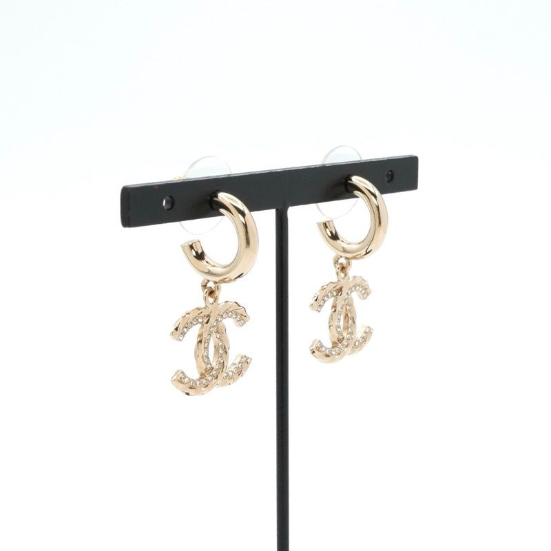 Chanel Earrings Gold CC Logo Hoop Rhinestone — view 7