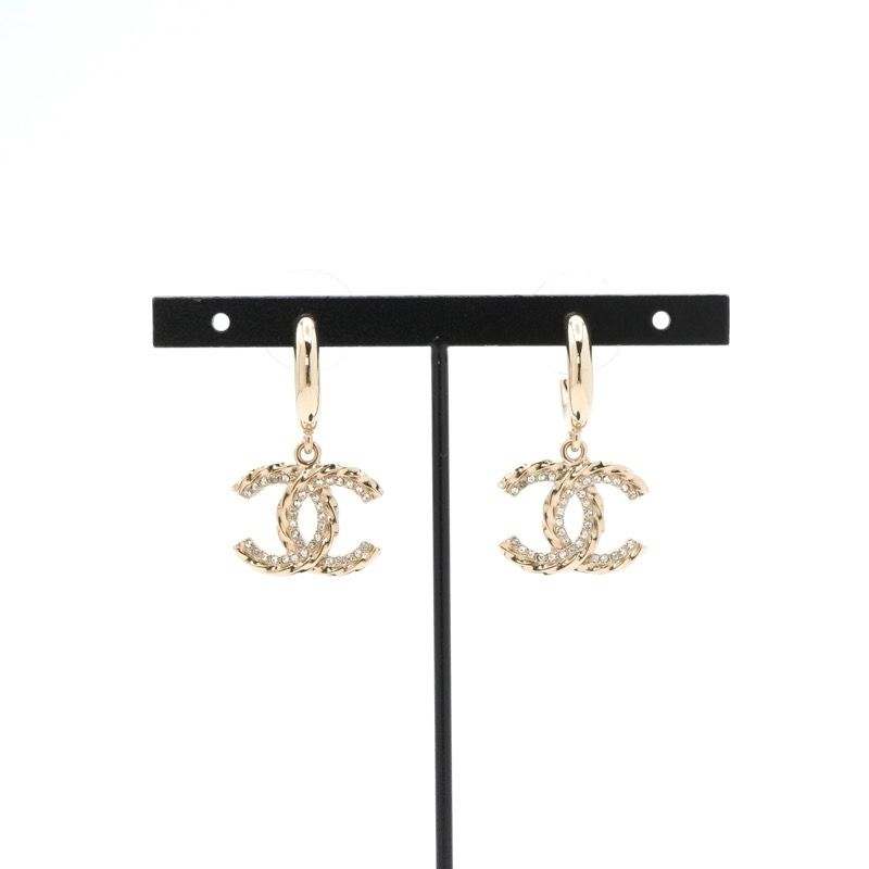 Chanel Earrings Gold CC Logo Hoop Rhinestone — view 6