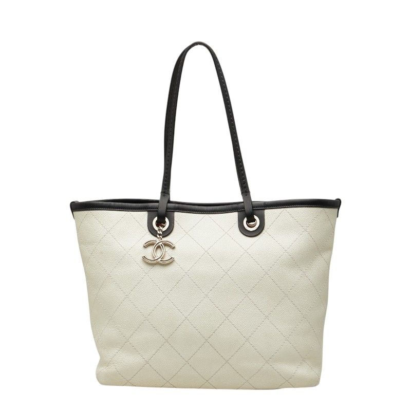 Chanel on the Road CC Logo Wild Stitch Tote Shoulder Bag White Caviar Leather