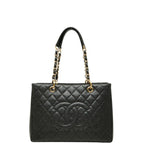 Chanel CC Logo Grand Shopping Tote GST Chain Shoulder Bag Black Caviar Leather