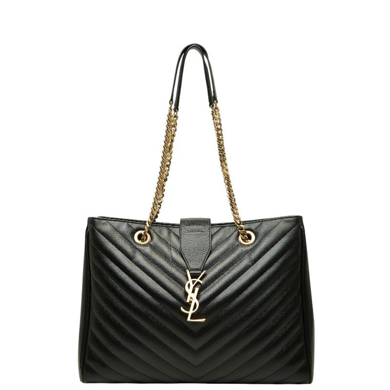 Saint Laurent Cassandra YSL Logo Chain Tote Shoulder Bag Black Leather