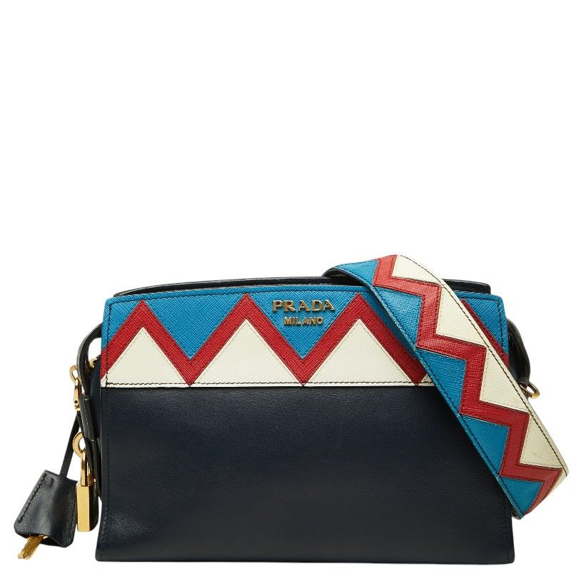 Prada Esplanade Saffiano Crossbody Shoulder Bag Navy Multicolor Leather