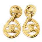 Chanel CC Clover Dangle Clip on Earrings Gold Plated