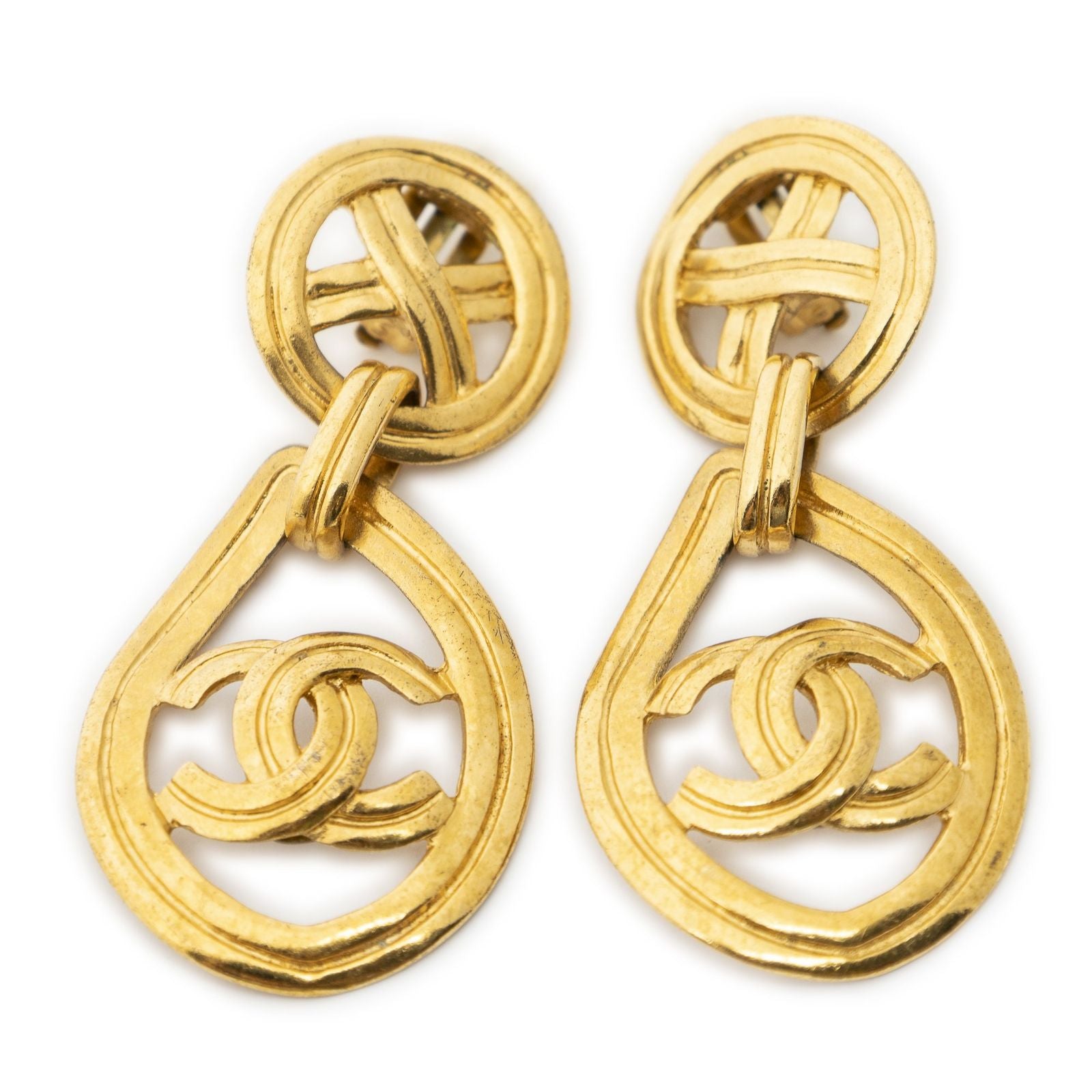 Chanel CC Clover Dangle Clip on Earrings Gold Plated