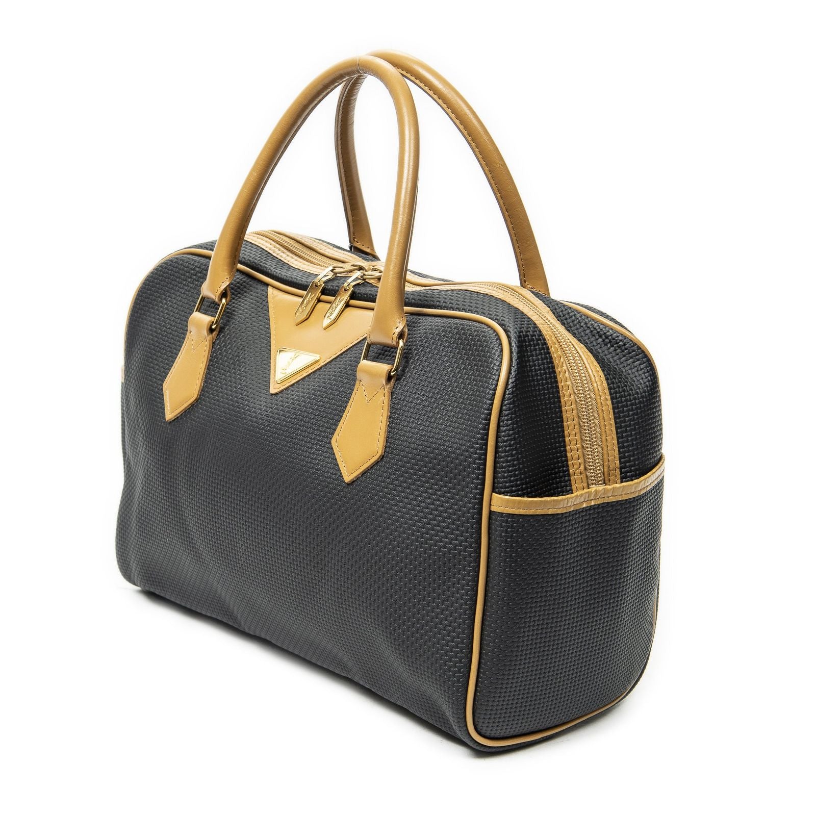 Saint Laurent Vintage Side Bostonblack Tan Canvas Handbag — view 2