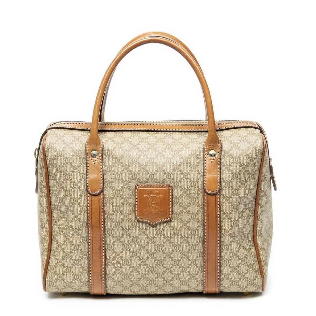 Celine Vintage Mini Boston Beige Brown Macadam Canvas Handbag