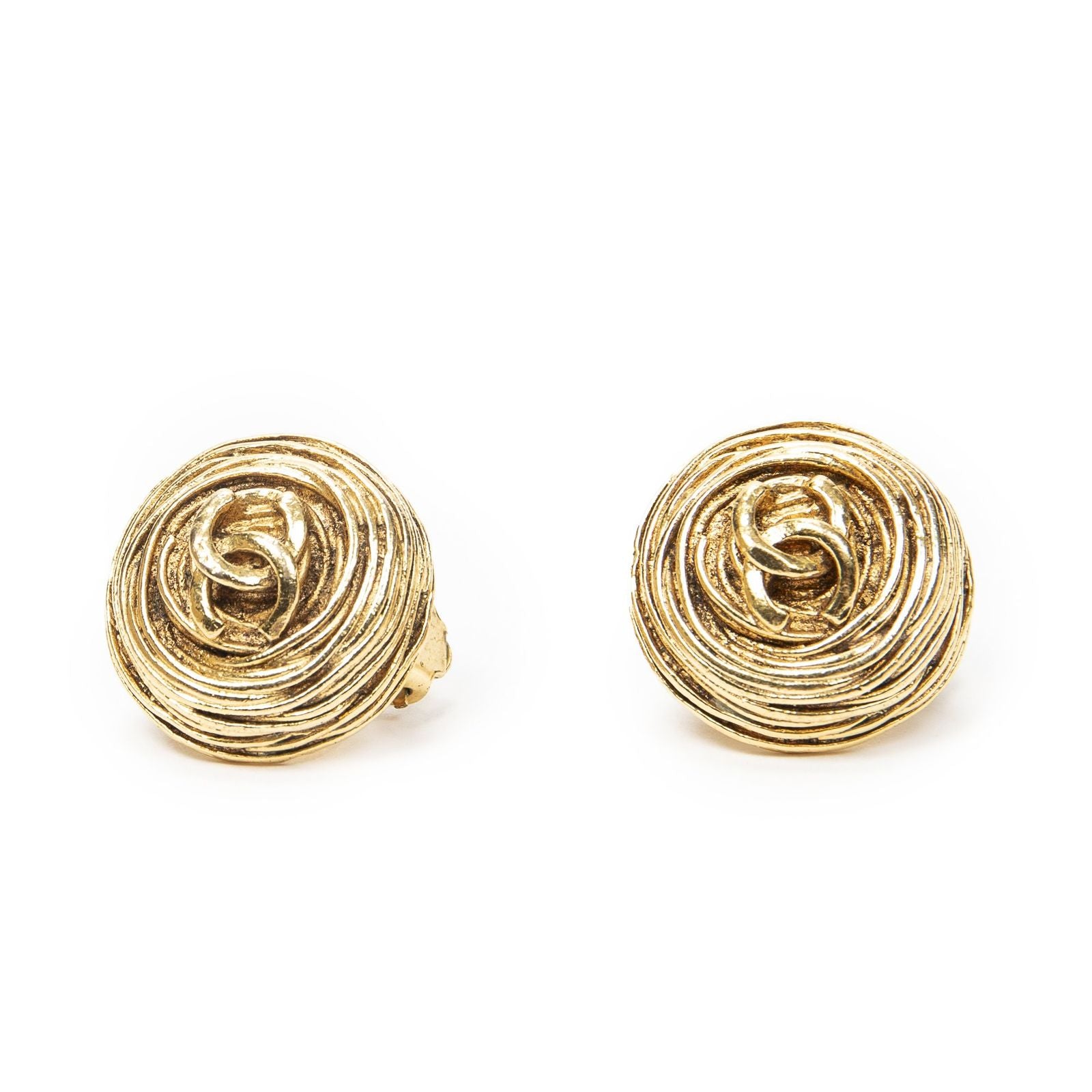 Chanel CC Logo Round Clip Type Earrings Gold Plated